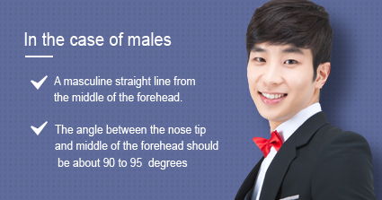 남성의 경우: 미간에서부터 일직선으로 쭉 뻗는 남성스러운 직선라인. 코끝과 인중사이의 각도 90-95도로 여자보다 작은 각도